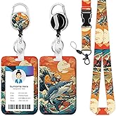 Funny Surfing Cat Riding a Shark Lanyards for Id Badges,Art Wave ID Badge Holder with Heavy Duty Retractable Reel Clip Keychain Lanyard for Teacher Nurse Doctor Office Staff Student