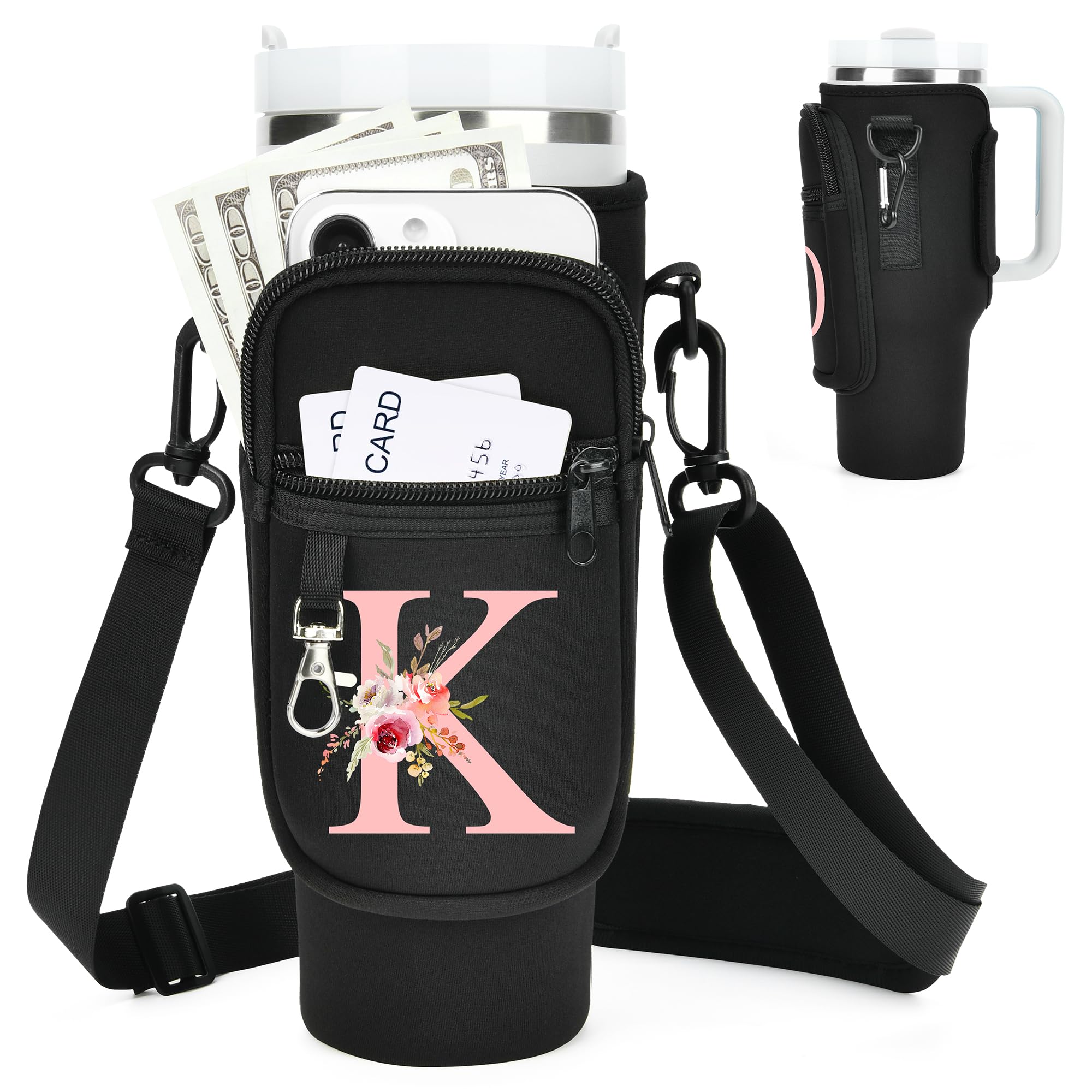 Photo 1 of Initial Water Bottle Holder with Strap for Stanley 40 oz Tumbler/Simple Modern 40 oz Tumbler,Water Bottle Carrier Bag with Strap,Personalized A-Z Phone Pocket for Stanley Cup Accessories