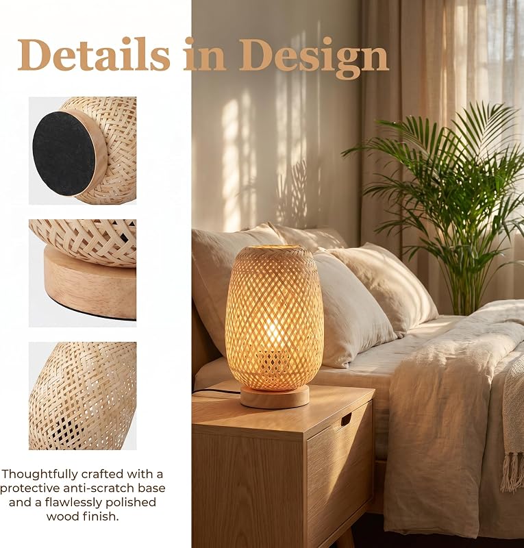BARCELONA LED – Candeeiro de mesa em vime e madeira "Ruka" – Design feito à mão com abajur em treliça. Rústico, estilo Boho Natural. E27 – Candeeiro de mesa ideal para sala de estar, quarto.