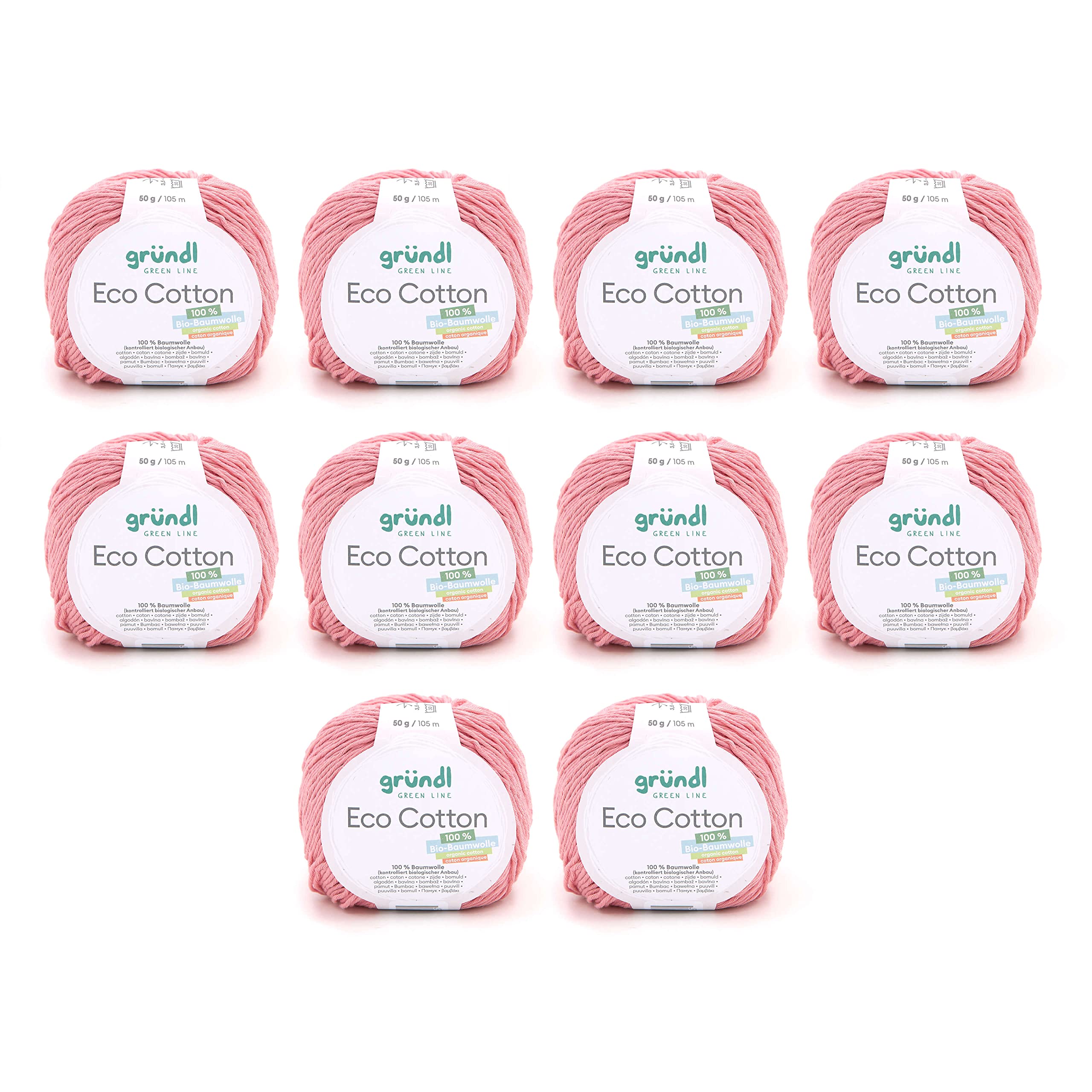 Gründl Eco Cotton Wool - Wool for Crochet - Wool for Knitting - Crochet Yarn - Soft and Skin Friendly - 100% Organic Cotton - 10 Balls 50 g / 105 m - Needle Size 3.5-4.5 - Pastel Pink