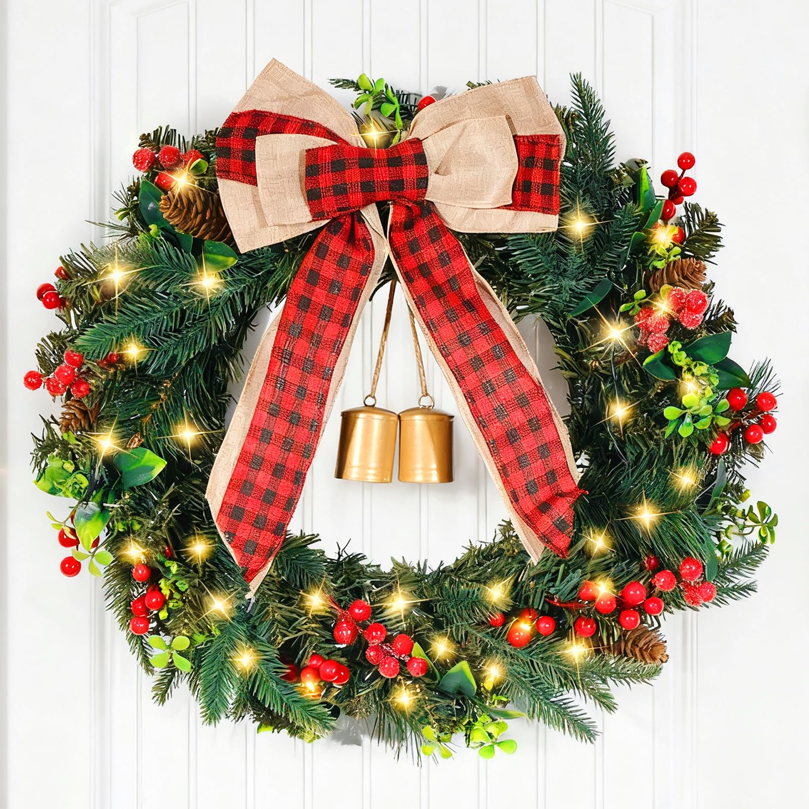 Photo 1 of 22 Inch Christmas Wreath with Lights, Pre-Lit Christmas Wreaths for Front Door, Battery Operated Outdoor Winter Wreath with Pine Cones, Berries & Bells for Holiday Window Fireplace Indoor Decorations