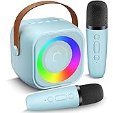 Mini Karaoke Machine, Portable Bluetooth Speaker with 2 Wireless Microphones for Kids & Adults, Karaoke Microphone with LED Lights, Gifts for Girls & Boys_Blue