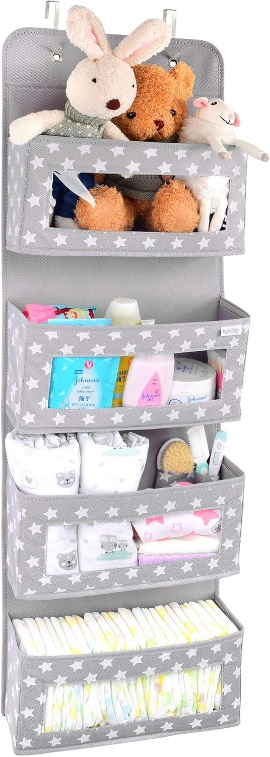 Vesta Baby Over Door Hanging Organiser with Hooks, Unisex Space Saving 4 Pocket Storage for Bathroom Children's Room, Nursery