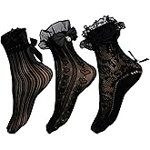 Winterlace Womens Frilly Ruffle Ankle Socks, 3 Pairs Lace Cute Bows Bobby Fashion Dress Sock