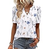 Zeagoo Women Blouses Puff Short Sleeve Shirts Spring V Neck Tops Dressy Casual Summer Tunics Floral Cute Clothes