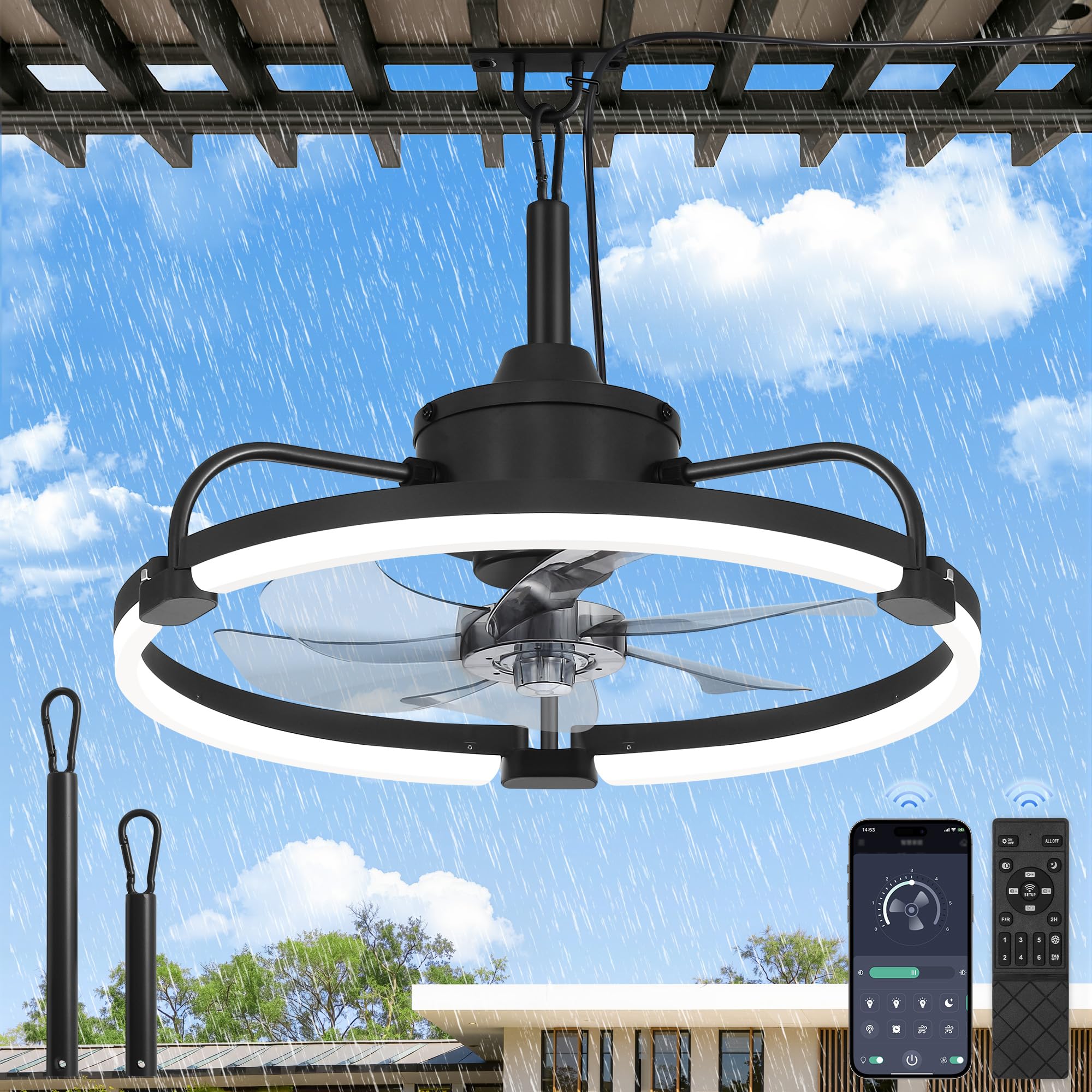 Photo 1 of LEDIARY 20" Outdoor Ceiling Fan with Lights, IP65 Waterproof Gazebo Fan with Hanging Hook, Plug-in Ceiling Fan Remote&APP Control, 3CCT Dimmable, 6-Speeds, Caged Ceiling Fan for Gazebo,Patio,Pergola