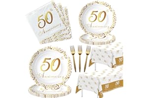 APOWBLS 50th Anniversary Decorations And Supplies Tableware - Golden 50th Wedding Anniversary Decorations Party Supplies, Paper Plate, Napkin, Tablecloth, Fork | Serves 24