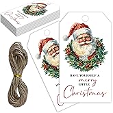 Christmas Santa Claus Paper Gift Tags with String, 2x3.5 Inches Holly Berries Print Xmas Gift Tags, Have Yourself A Merry Little Christmas, Holiday Wrapping Party Favor Decor Supplies-C03