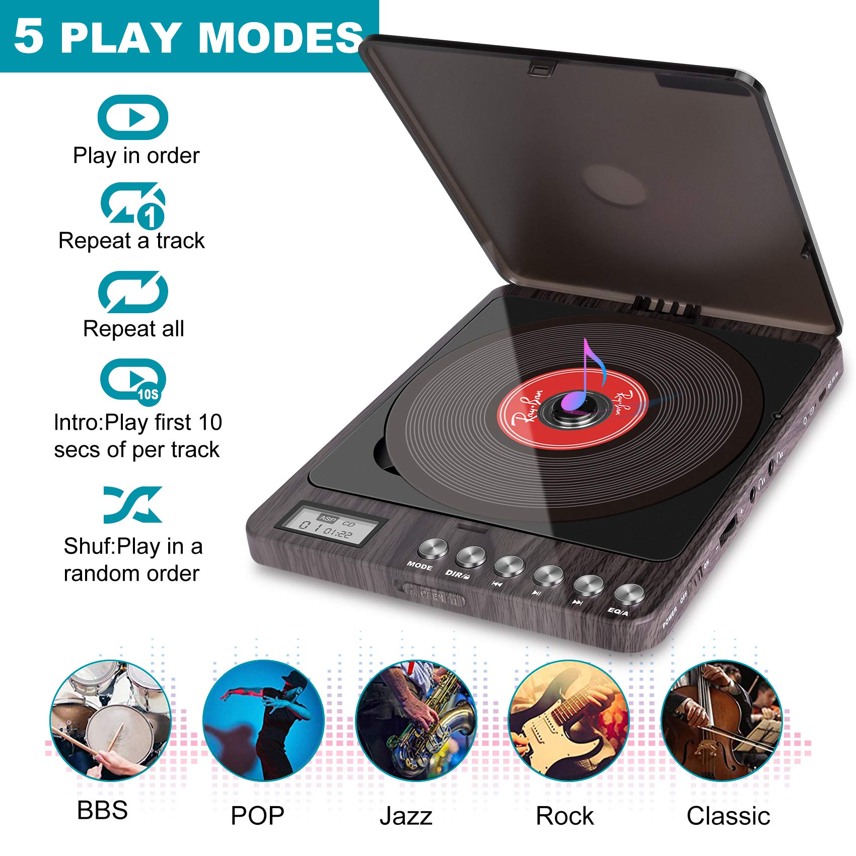 CD Player Portable, MONODEAL Portable Rechargeable Player with Dual Headphones Jack, Small Anti-Skip CD Player for Car/Travel/Home, Personal CD Player for Adults Kids (Dark Brown)