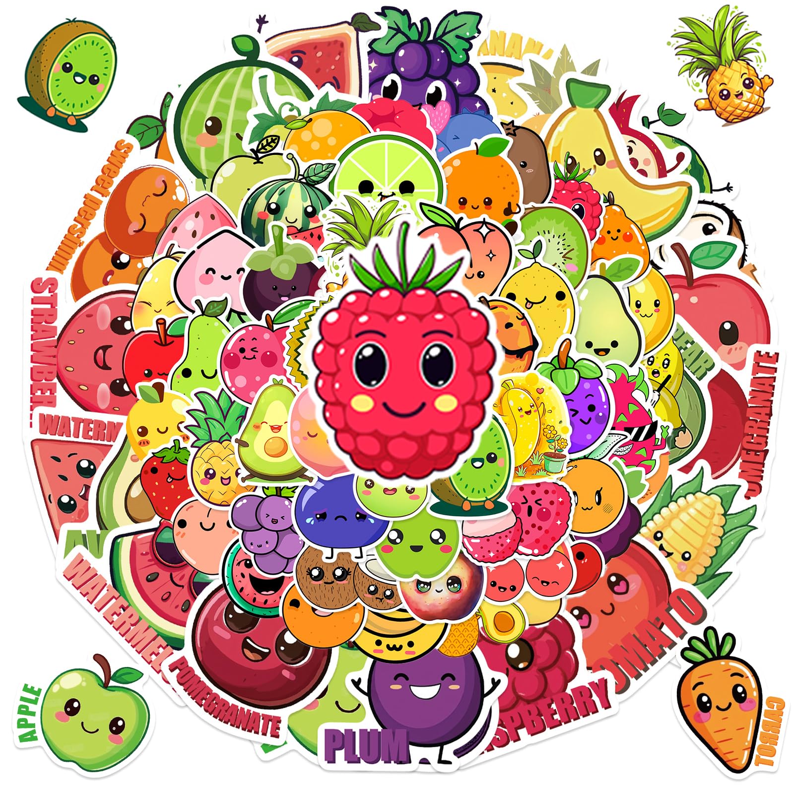 Photo 1 of 100PCS Fruit Expression Stickers & Vinyl Decals – Waterproof Set with Various Emoji-Style Faces and Names – Great for Kids,Teachers, Journals, Bottles, Crafts & More