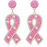 Pink Ribbon Earrings Beaded Breast Cancer Awareness Earrings Glitter Rhinestone Drop Earrings for Women Breast Cancer Survivor Support Jewelry Gifts (Beaded & Crystal)