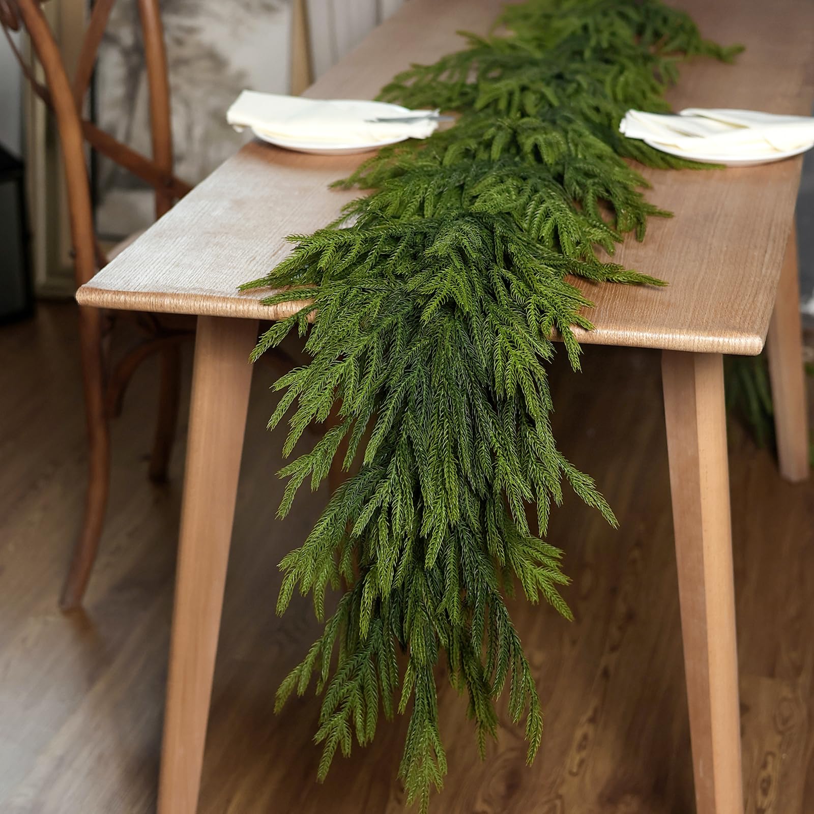 Photo 1 of Real Touch Christmas Norfolk Pine Garland - 9ft Artificial Christmas Garland Fake Pine Needles Faux Green Garland for Fireplace,Table,Window,Stairs,Mante,Holiday Indoor Outdoor Xmas Decor(2PCS)