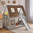 Bellemave Bunk Bed Twin Over Twin, Bunk Bed with Climbing Ramp and Stairs, House Bunk Bed with roof, Twin bunk Bed for Kids, Teens, Kids bunk beds, Gray+Brown