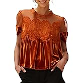 Gozoloma Women's Velvet Lace Blouse Casual Round Neck Short Sleeve Flared Swing Top Elegant Loose Intricate Back Design