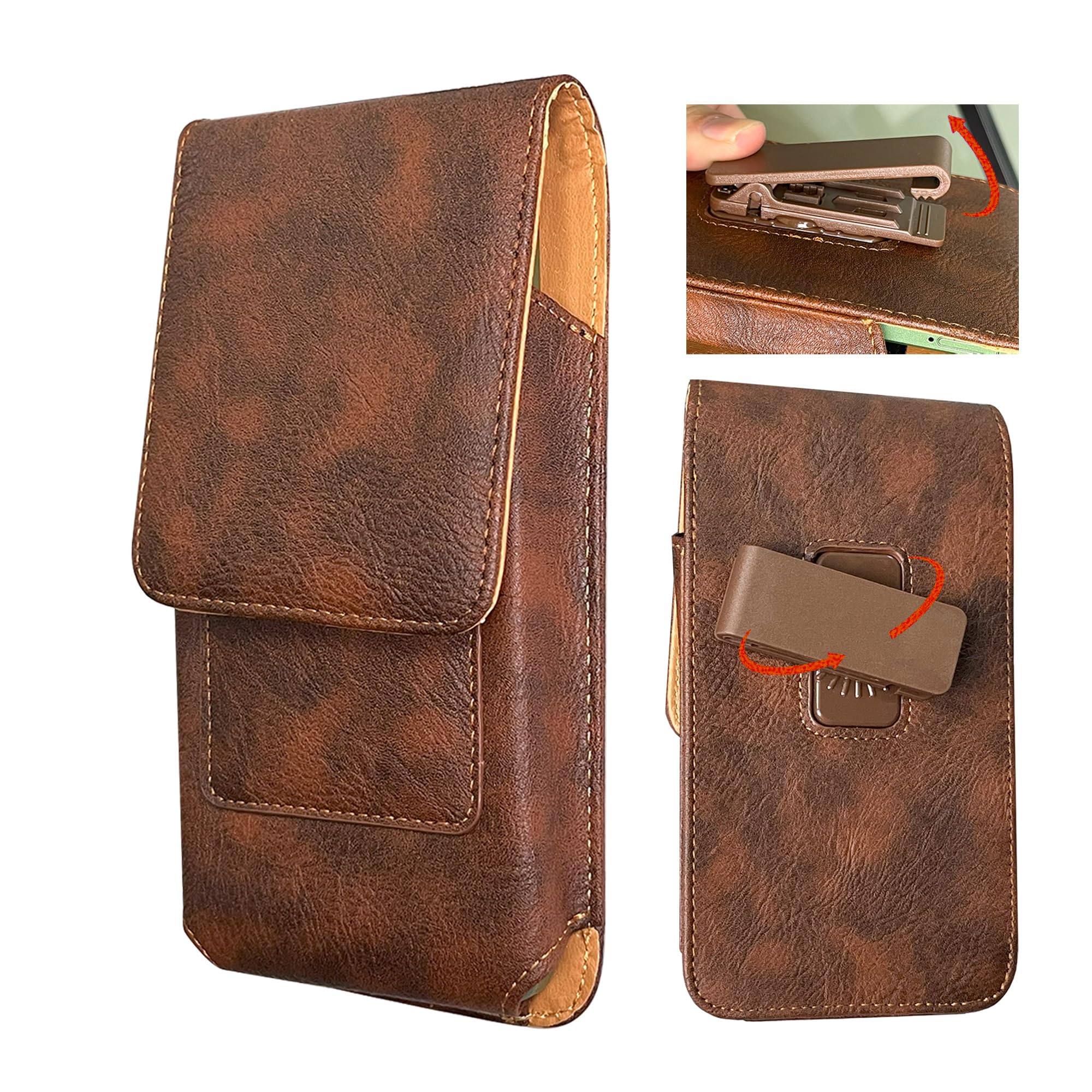 Photo 1 of 360 Rotating Leather Phone Holster with Belt Clip, Phone Holder for iPhone 16 Pro Max, 16 Plus, 15 14 13 Pro Max Plus, for Galaxy S25 Ultra,S25+, S24 FE,Pouch Case for Men Belt (Brown, XXL)