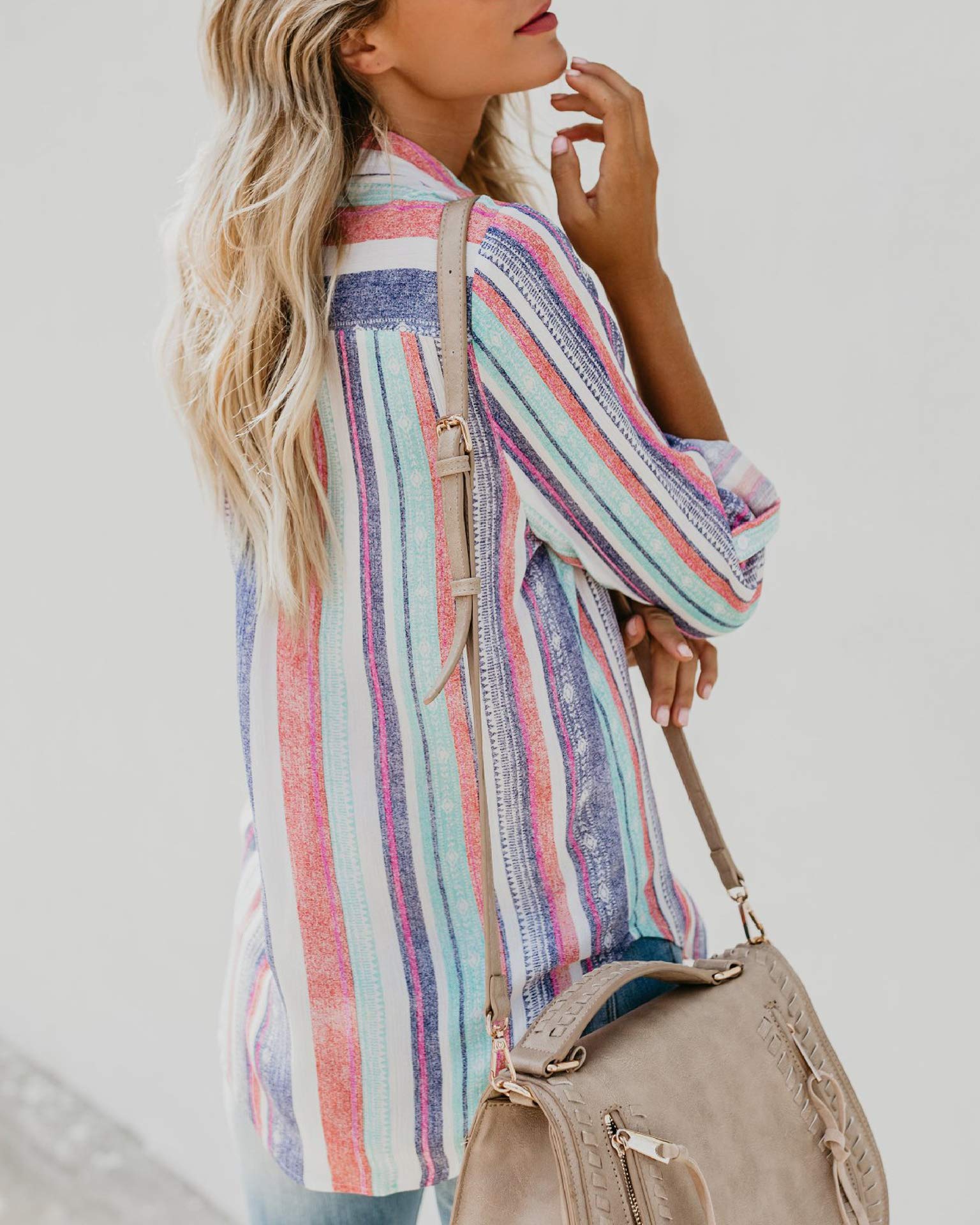 FELACIA Women\'s Button Down Blouses Loose Fit Tops V Neck Stripes Long Sleeve Casual Curved Tunic Tops