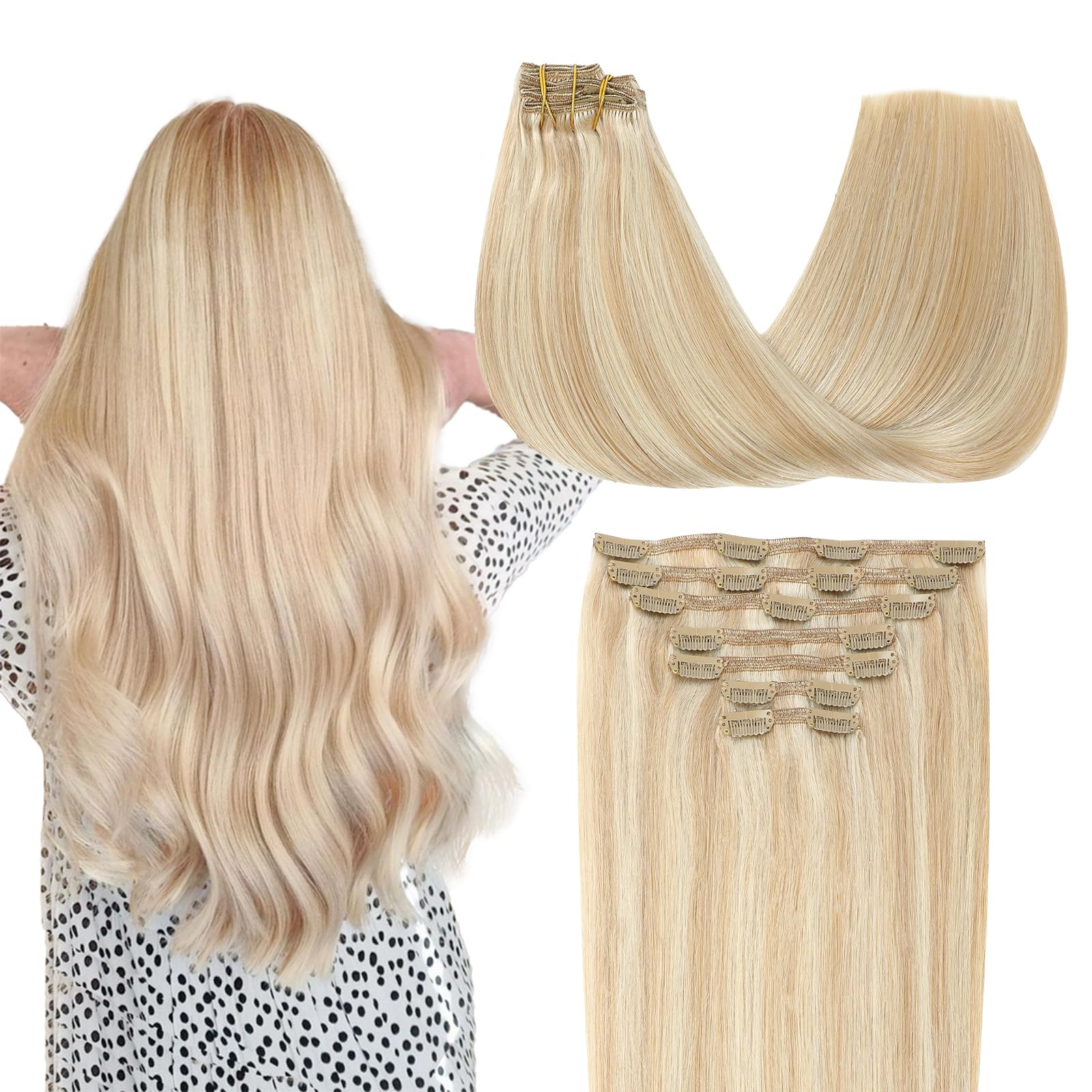 SURNEL Clip in Hair Extensions Human 613 Caramel Blonde with Platinum Blonde Highlighted Human Hair Extensions Clip in Silky Straight 14 Inch 140g 7Pcs(7C#27P613-14) — image 1
