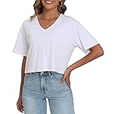 PRIMODA Women's Oversized Crop Tops Boxy V Neck Short Sleeve Cropped T Shirts Loose Summer Workout Crop Tee Tops