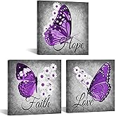 Artsbay Butterfly Wall Art Purple Inspirational Quotes Picture Painting Love Hope Faith Canvas Home Decor for Living Room Bedroom Bathroom 12x12inchesx3pcs