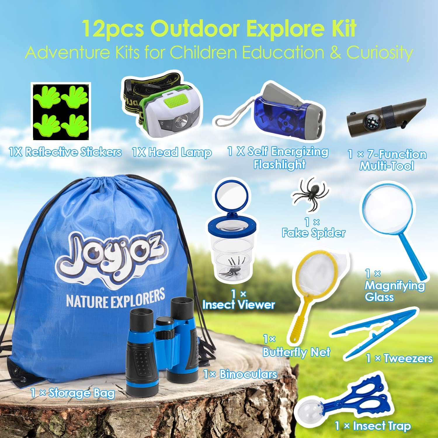 Joyjoz Adventure Kit, Kids Outdoor Kit with Compass, Binoculars, Flashlight, Magnifying Glass, Backpack, Butterfly Net Toys Gift for Boys & Girls Age 3-12 Year Old Camping Hiking: Toys & Games