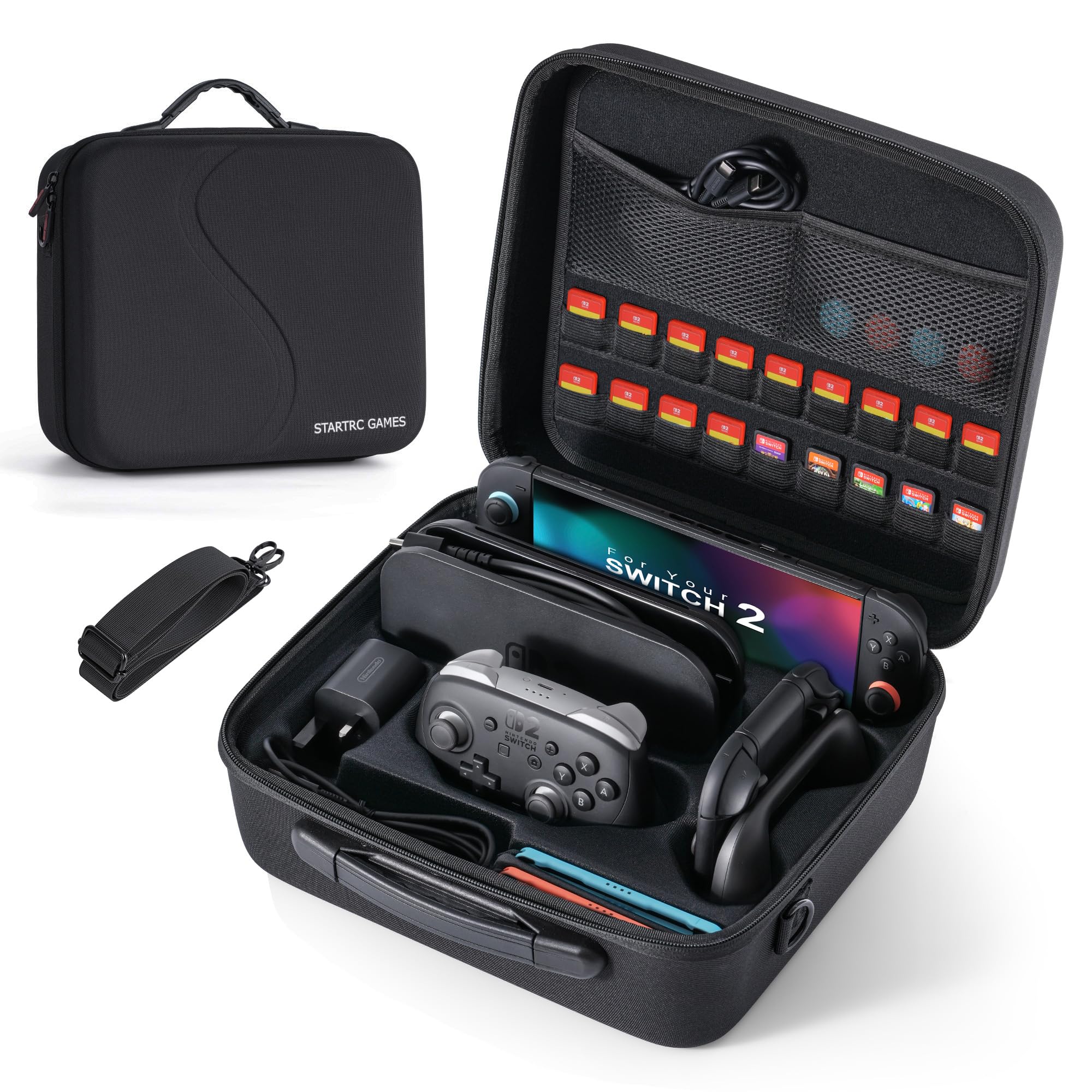 Groß Tasche Kompatibel mit Nintendo Switch 2 (2025), Deluxe Harte Tragetasche mit Taschen für Zubehör und Spielkarten, Portable Switch 2 Schutzhülle Hülle für Konsolle und Andere Zubehör, Schwarz