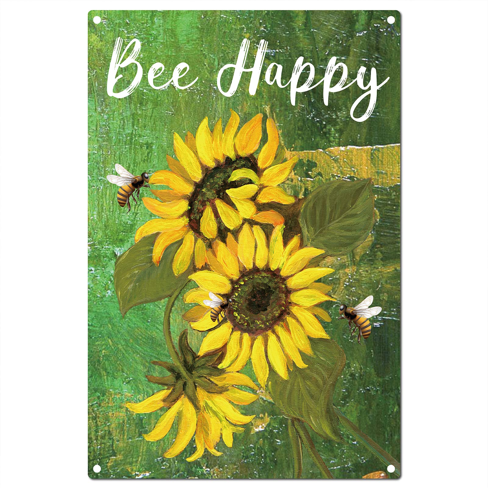 CREATCABIN Metal Tin Sign Bee Happy Signs Sunflower Vintage Wall Art Decor Funny Rustic Farmhouse Backyard Home Kitchen Bar Coffe Garden Decorations 8 x 12 Inch
