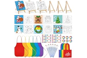 Aneco 6 Packs Mini Christmas Canvases for Painting with Easels, Aprons, Tote Bags, Brushes, Palettes - 4x4 Inch Stretched Canvas Set, Xmas Supplies Kit for Acrylic Oil Paint Party