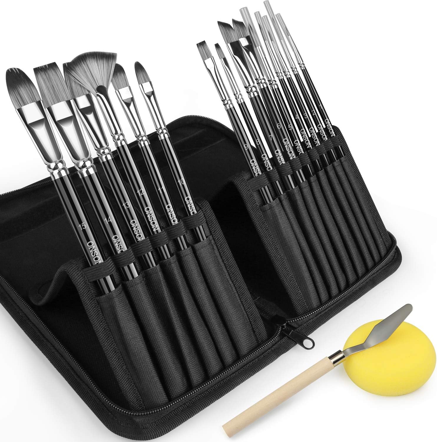 Artist Paint Brush Set - 15 Different Sizes Paint Brushes for Acrylic Watercolor Oil Gouache Paint for Artists, Adults & Kids - Free Painting Knife and Watercolor Sponge.