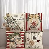 Merry Christmas Pillow Covers 18 x 18 Inch,Set of 4 Decorative Holly Berries Gloves Balls Eucalyptus Red Stripes Designs for Seasonal Winter Decoration Couch Sofa Bedroom Living Room Decor