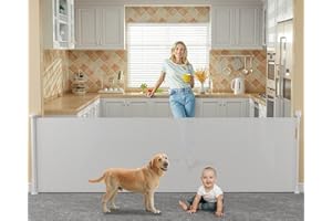 118 inch Retractable Baby Gates Extra Wide for Large Opening DynaBliss Retractable Baby Gate for Stairs Doorway Extra Long Dog Gate Adjustable Large Pet Gates for Dogs Indoor Mesh Child Gate (White)