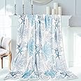 JarThenaAMCS Coral Seashell Starfish Throw Blanket Ocean Beach Theme Fuzzy Blanket Blue Decorative Soft Cozy Flannel Blanket for Summer Home Bed Sofa Couch Chair, 50 x 60 Inch