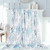 JarThenaAMCS Coral Seashell Starfish Throw Blanket Ocean Beach Coastal Theme Fuzzy Blanket Blue Decorative Soft Cozy Flannel Blanket for Summer Home Bed Sofa Couch Chair, 50 x 60 Inch