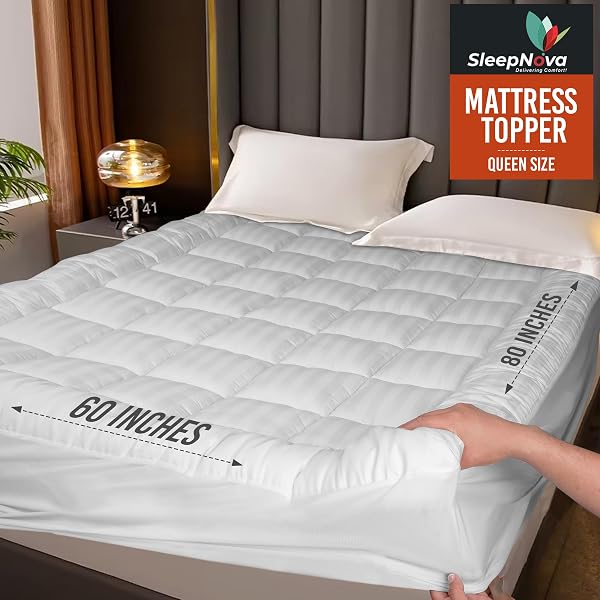 SLEEPNOVA’S COOLING MATTRESS TOPPER QUEEN SIZE BED – 100% COTTON PILLOW TOP THAT KEEPS YOU COOL, RELIEVES BACK PAIN & ADDS CLOUD-LIKE COMFORT WITH DEEP POCKET FIT (8”-21”), SOFT & MACHINE WASHABLE