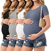 Riyiper 4 Pack Women's Ribbed Maternity T Shirts | 92% Cotton, Short Sleeve, Pregnant Tops, Crew Neck, Side Ruched, Maternity Clothes