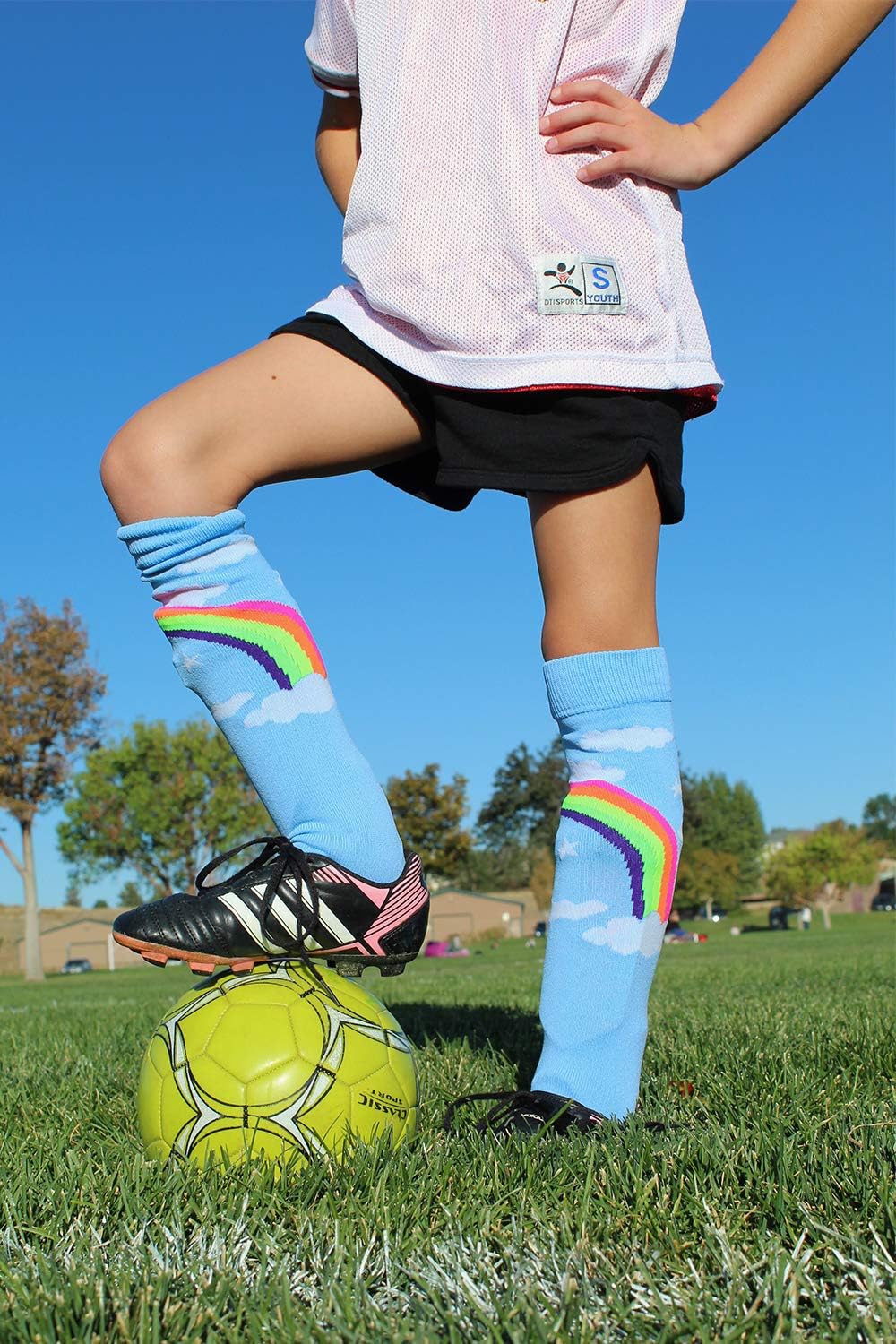 MadSportsStuff Neon Rainbow Clouds Over The Calf Athletic Socks : Clothing