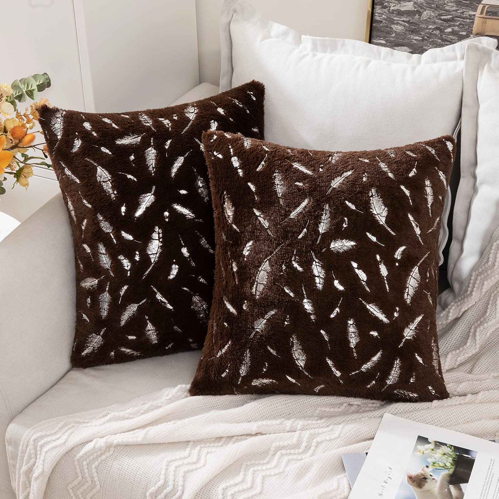 MIULEE 2 Pack Faux Fur Cushion Covers Fluffy Throw Pillow Covers Gold Feathers Soft Lovely Decorative Sapphire Square Luxurious Pillowcase for Livingroom Silver-Coffee 40x40cm 16x16 Inch