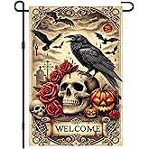 BlissYard Halloween Garden Flag 12x18 Inch Gothic Skull Raven Flag Double Sided Spooky Yard Banner Pumpkin Bat Scene Outdoor Fall Decoration for Porch Lawn Patio Seasonal Welcome