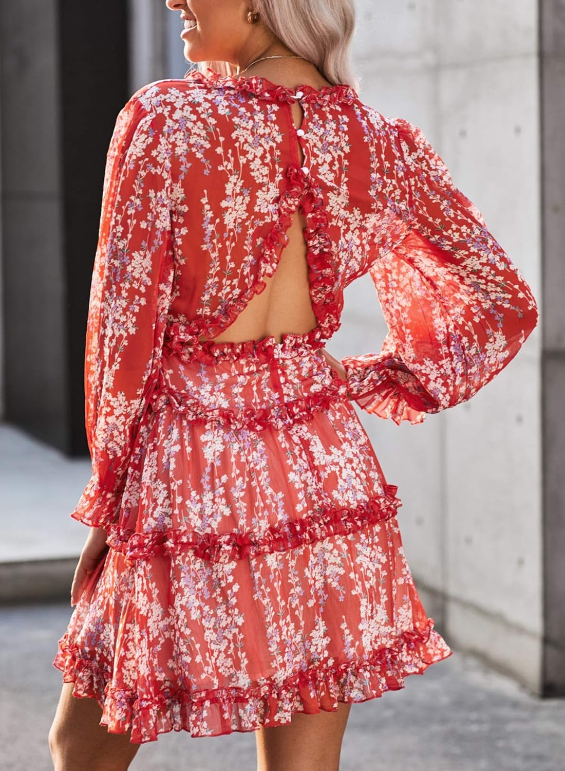 Happy Sailed Women Long Sleeve Ruffle Layer Backless Swing Mini Dresses: Clothing