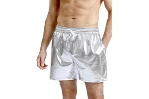 Funny World Mens Metallic Sexy Shorts 70s Shiny Disco Pants with Pockets