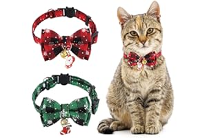 2 Pcs Christmas Cat Collar Stocking Stuffers Plaid Cat Bow Tie Adjustable Kitten Collar with Bell Xmas Cat Collar Breakaway f