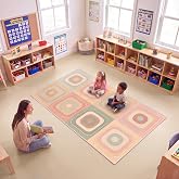Amylove 3 x 5 ft Classroom Rug Kids Playroom Rug, Area Carpet for Toddlers | Seats 8, Soft Boho Rounded Squares Area Rug for Preschool, Daycare &amp; Elementary Reading Corner, Small Educational Play Mat
