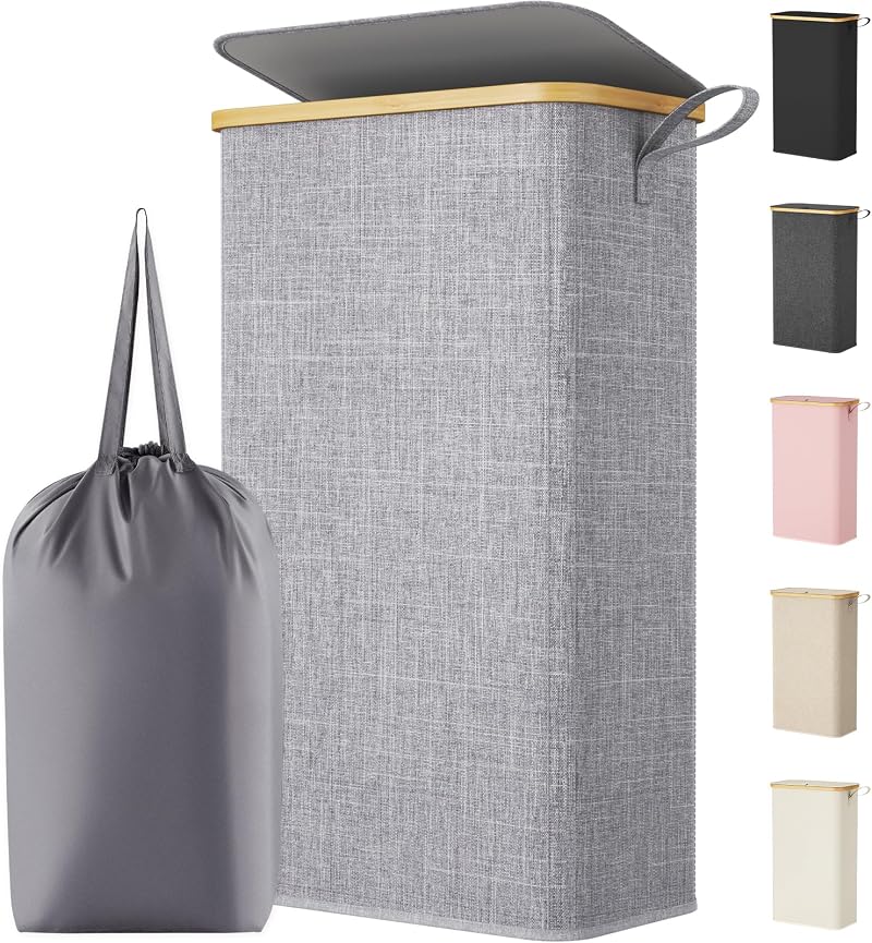 Lifewit 75L Slim Laundry Basket with Lid Grey Narrow Foldable