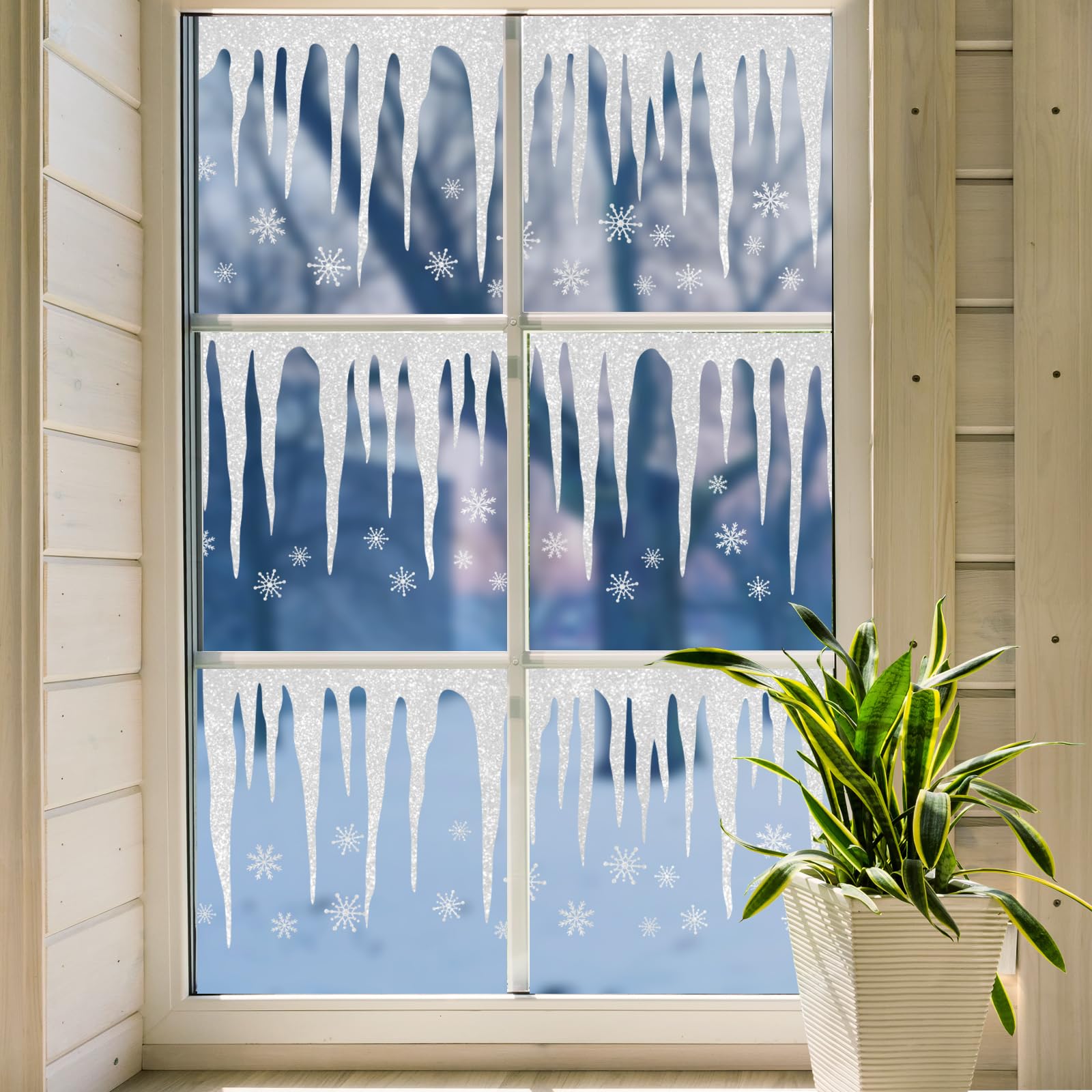 View 1 of Whaline 9 Sheets Winter Icicles Window Cling Stickers Glitter Silver Icicles Snowflake Window Decals Christmas Reusable Decoration for Xmas Holiday Party Home Classroom