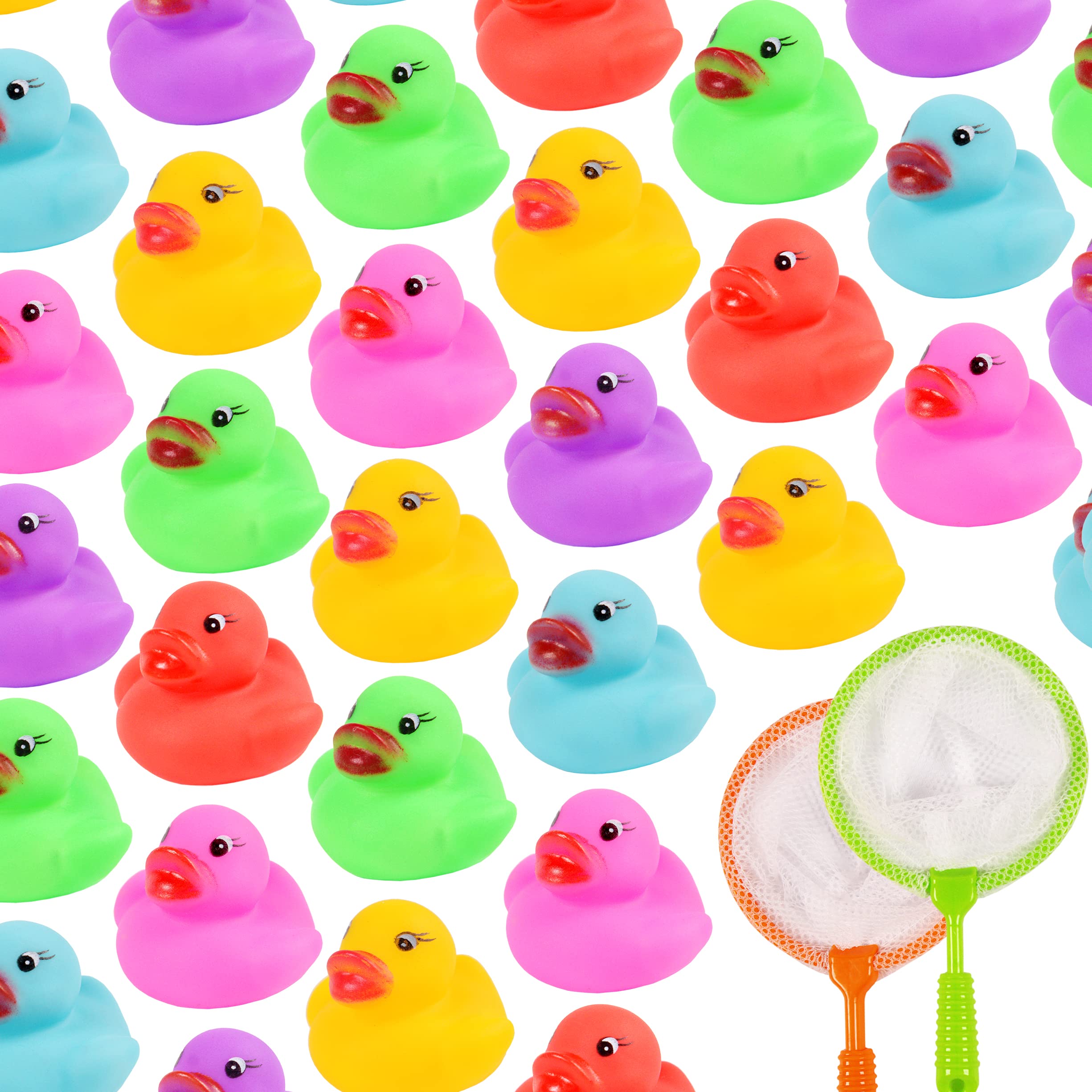 24 Mini Rubber Ducks with 2 Fishing Net Bath Toy,Mini Colorful Rubber Duckies Pool Game for Kids,Float & Squeak Tiny Ducks Water Toys for Kids Baby Shower