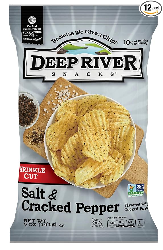 Deep river snacks crinkle cut kettle cooked potato chips, salt&cracked pepper (850668000825)