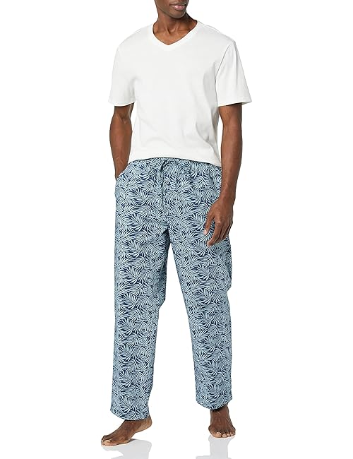 Amazon Essentials Men's Cotton Poplin Pant with Cotton Jersey T-Shirt Pajama Set, Blue Palm Leaf/White, X-Small