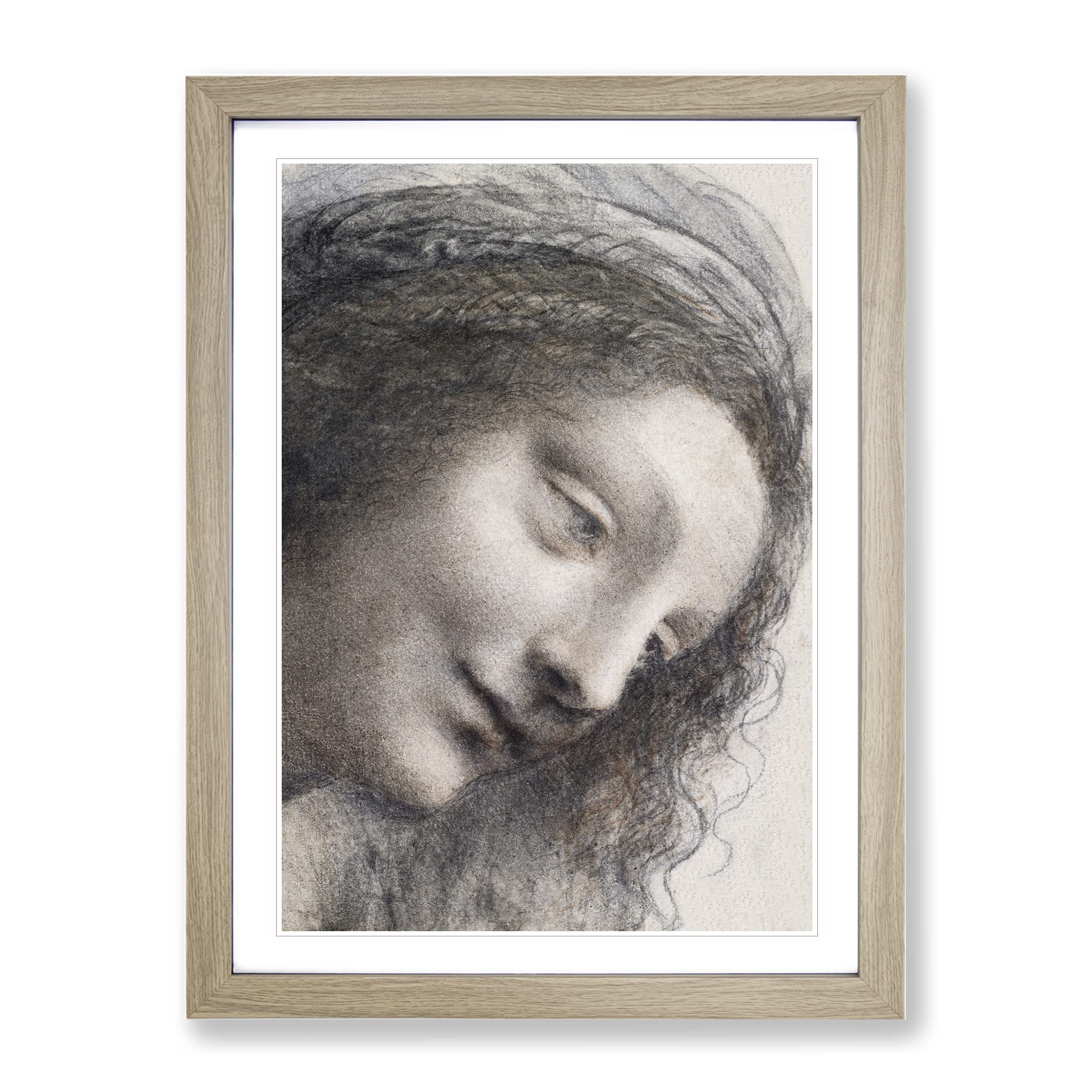 The Head Of The Virgin By Leonardo Da Vinci Classic Painting Framed Wall Art Print, Ready to Hang Picture for Living Room Bedroom Home Office Décor, Oak A3 (34 x 46 cm)