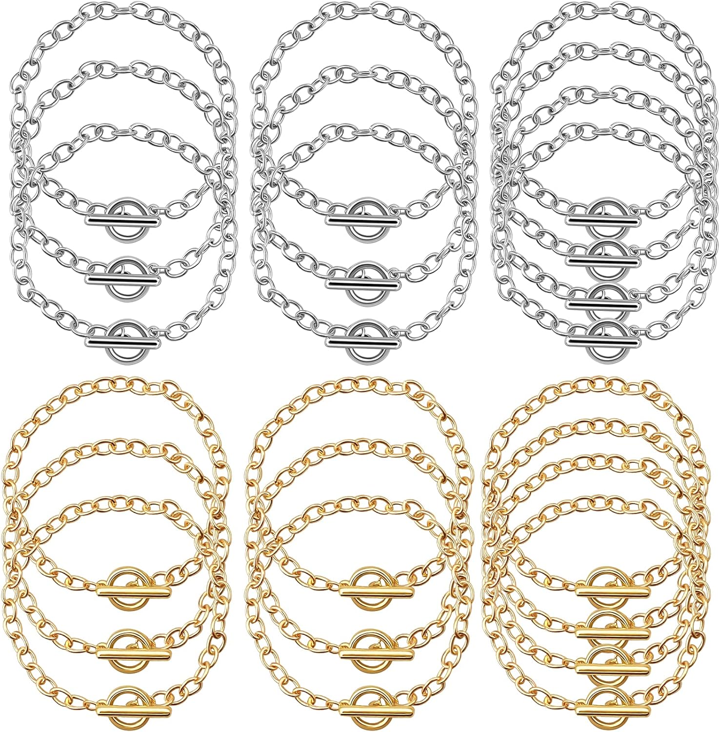 TKOnline 20 Pcs Bracelet Round Link Chains with OT Toggle Clasp Stainless for Women Girls Christmas Birthday, 10 Pcs Silver Color and 10 Pcs 18K Gold Chain Bracelets: Clothing