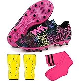 brooman Kids Firm Ground Soccer Cleats Girls Football Cleats with Shin Guards and Soccer Socks