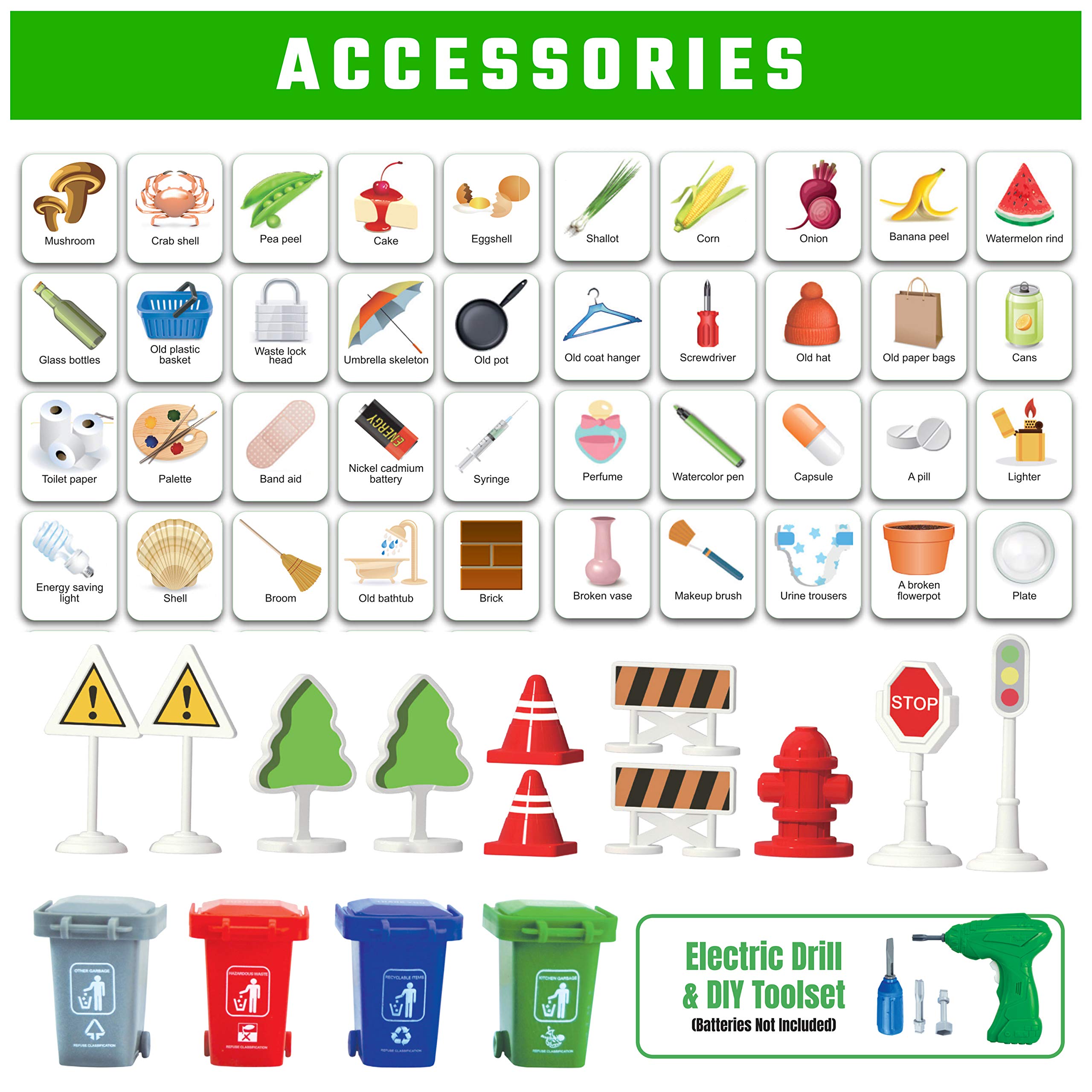 71 Pcs Take Apart Garbage Truck Playset - 1:12 Scale Push & Go + Electric Drill, Sounds & Lights, Road Signs Set, 4 Trash Cans & 40 Flash Cards for Learning - Recycling Truck for boys ages 4 5 6 7 8 +